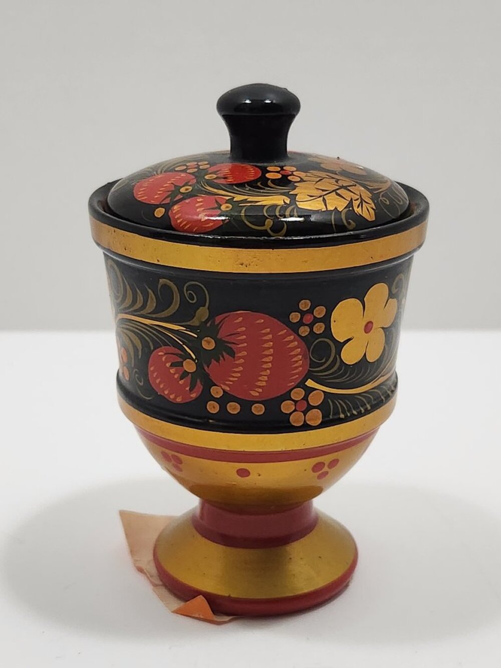 Vintage Khokhloma Hand Painted "Salt Cellar" Cup W/Lid Made in USSR